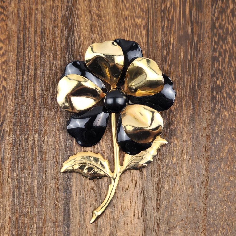Vintage Black Enamel & Gold Tone Flower Brooch Large 1960s Floral Pin
